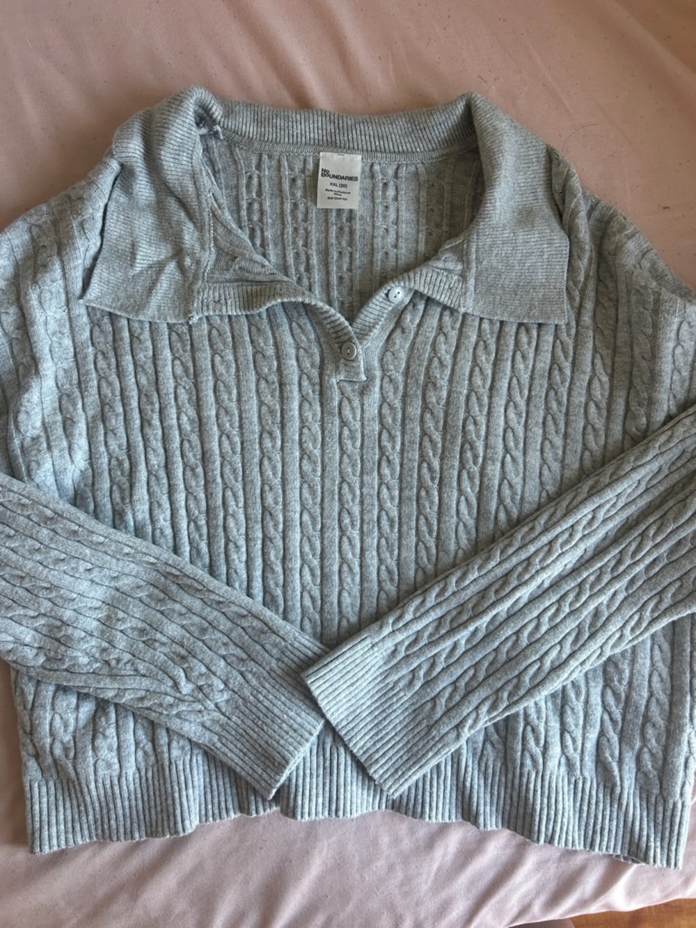 No Boundaries Light Gray Cable-Knit Zip-Up Sweater